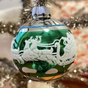 3" Radko Shiny Brite Stenciled Flocked Ornament Santa Sleigh Ride Green Blue Mcm